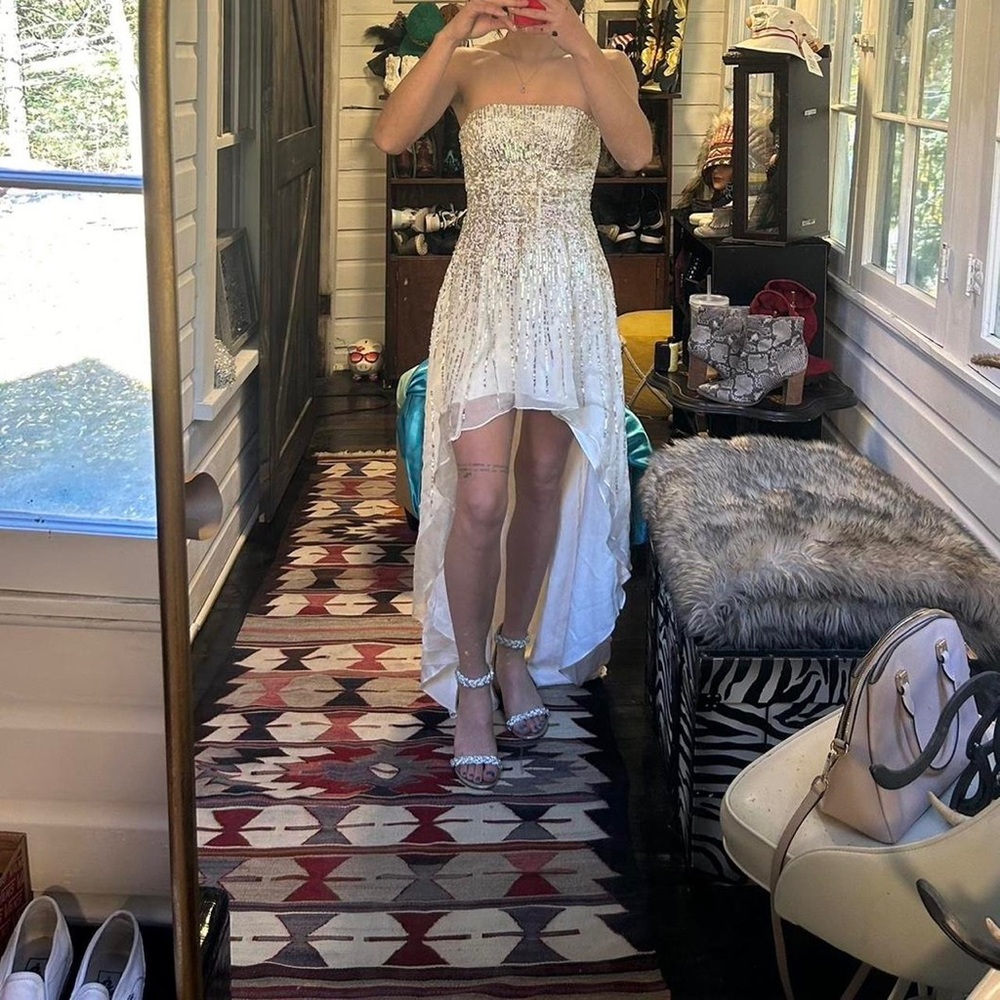 Sherri Hill Strapless High-Low Sequin Dress White